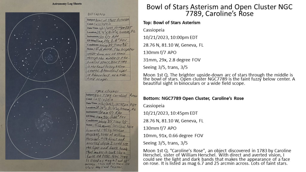 astronomy log sheet for the Bowl of Stars Asterism and NGC7789